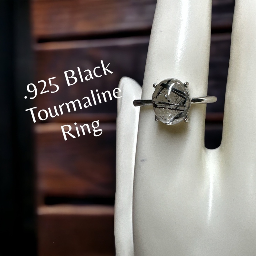 .925 Black Tourmaline Adjustable Ring